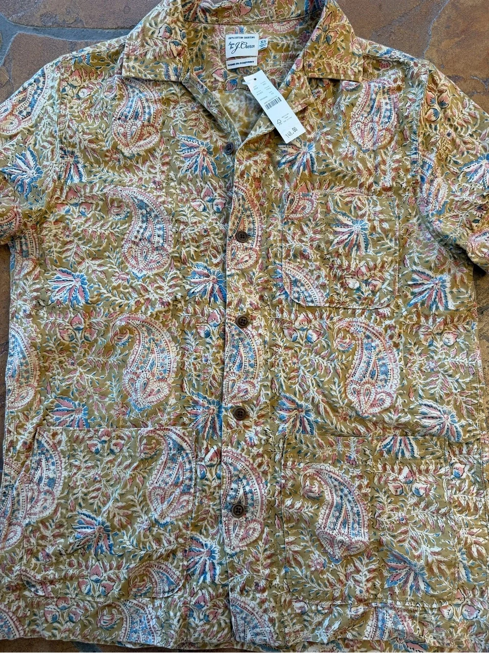 J.Crew Block-print Cotton Yellow Paisley Short Sleeve Button-Up Shirt Men's XS